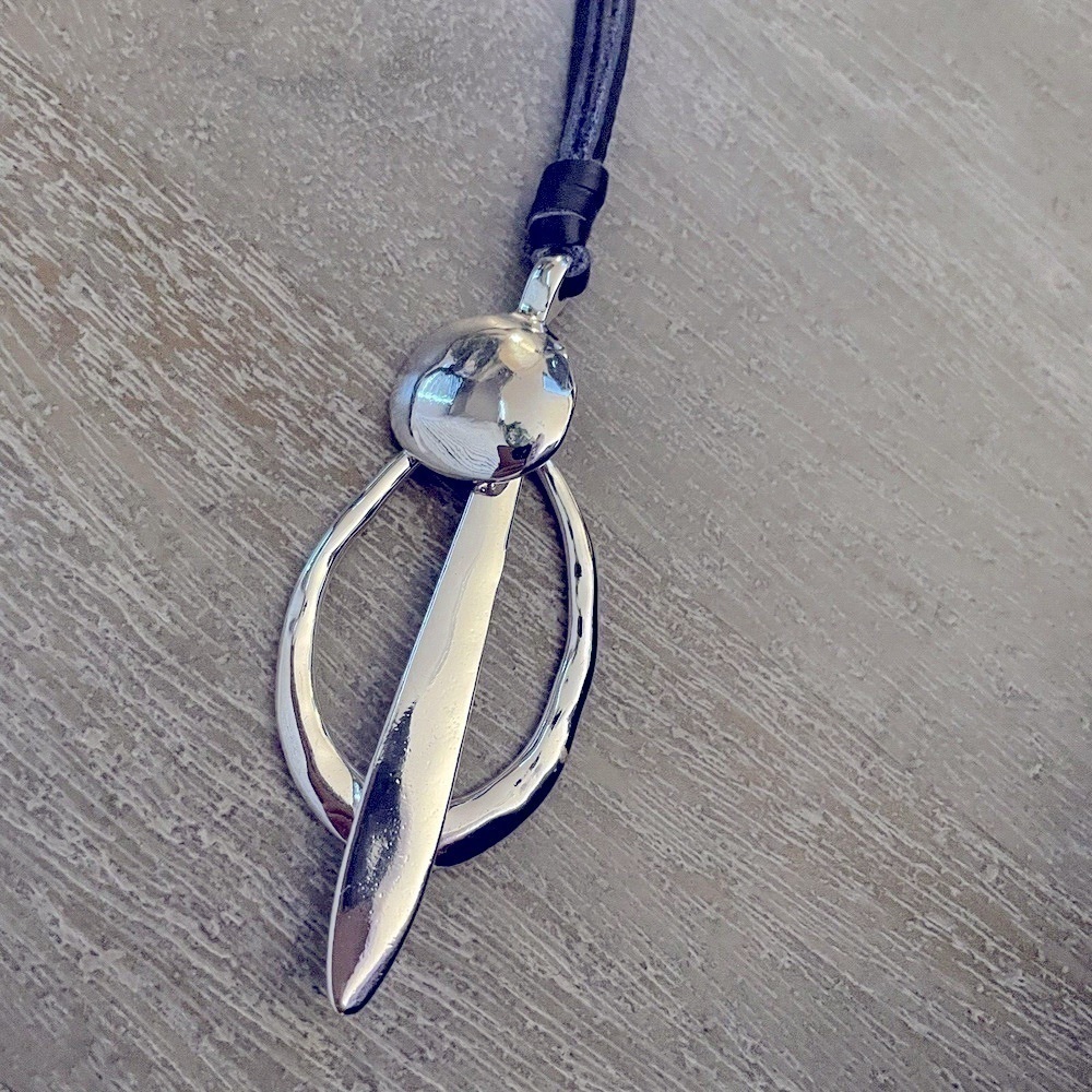 LUCKY BRAND Silver Finished Black Leather String Pendant Necklace Adjustable